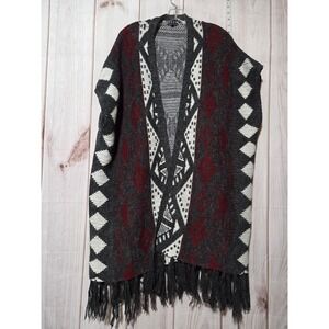 Rebecca Elliot Women's Geometric‎ Pattern Fringe Cardigan Shawl Vest S/M